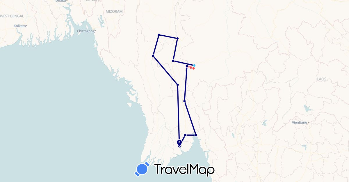 TravelMap itinerary: driving, hiking, boat in Myanmar (Burma) (Asia)